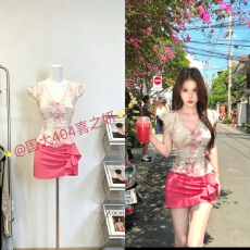批发浅岸书简蕾丝V领飞袖碎花短袖夏季甜美辣妹纯欲感