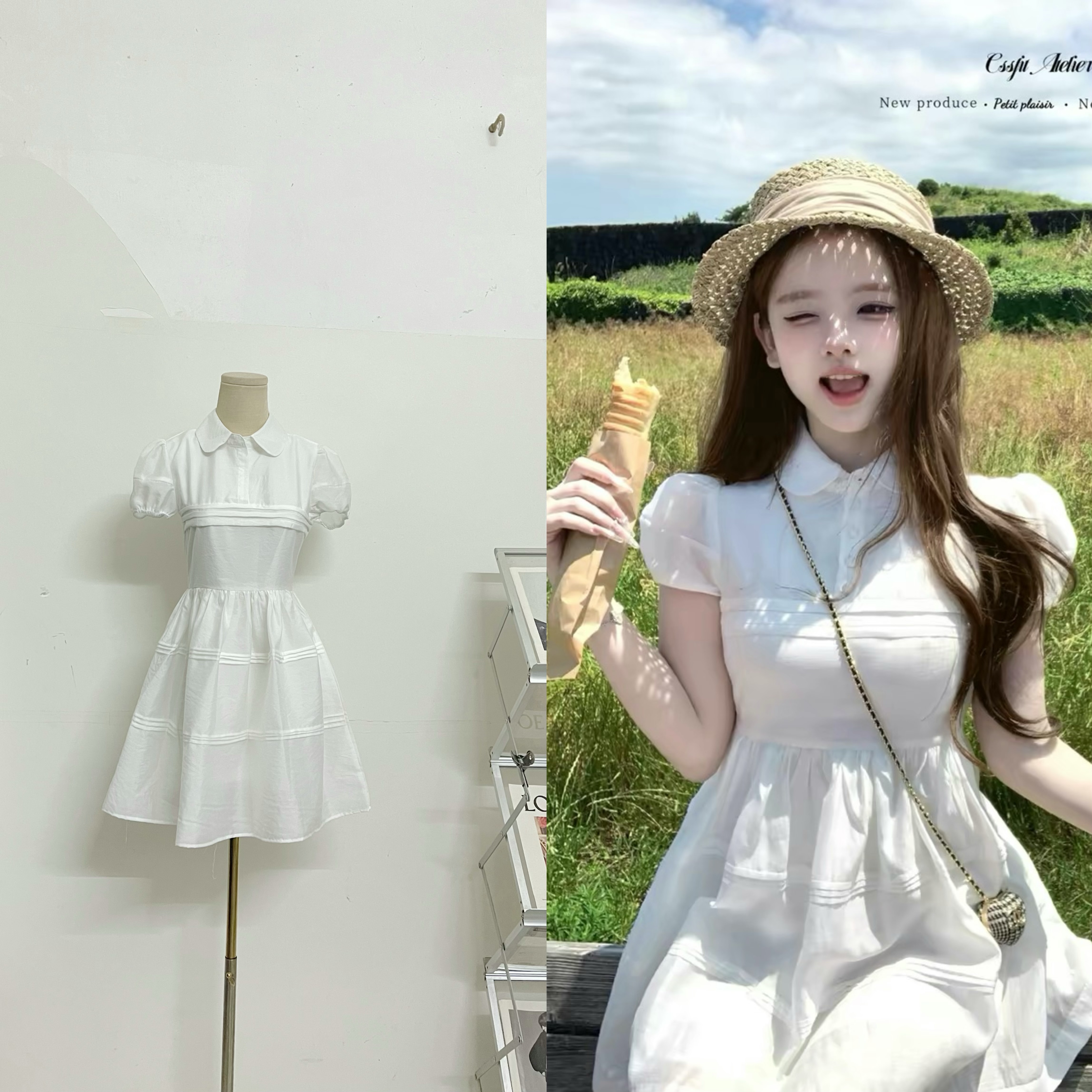 늦게 우산 우산 26 ss 빛 프로필 자르기 피터 팬 자수 폴로 칼라 민소매 반팔 드레스