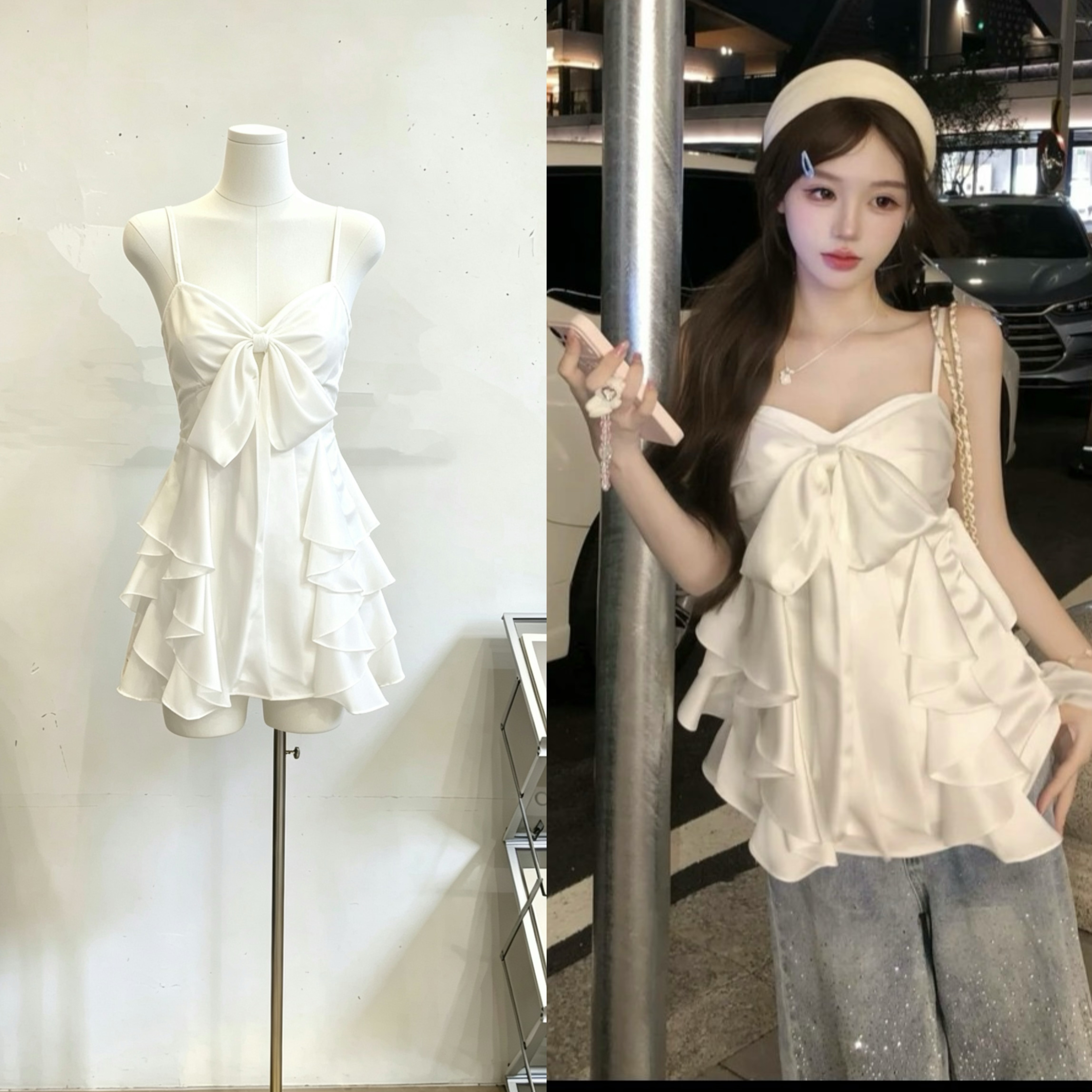달빛 화이트 나비 프랑스식 품격 베이지 색 나비 매듭 푹신한 새틴 프릴 드레스