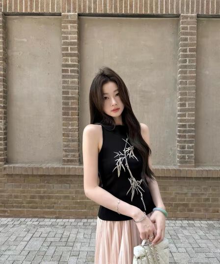 iris lumina 예약하기 어둡고 조용한 대나무 그림자 국풍 민소매 맨위 여성 여름 품격 슬림해 보이는 자수 조끼 슬립