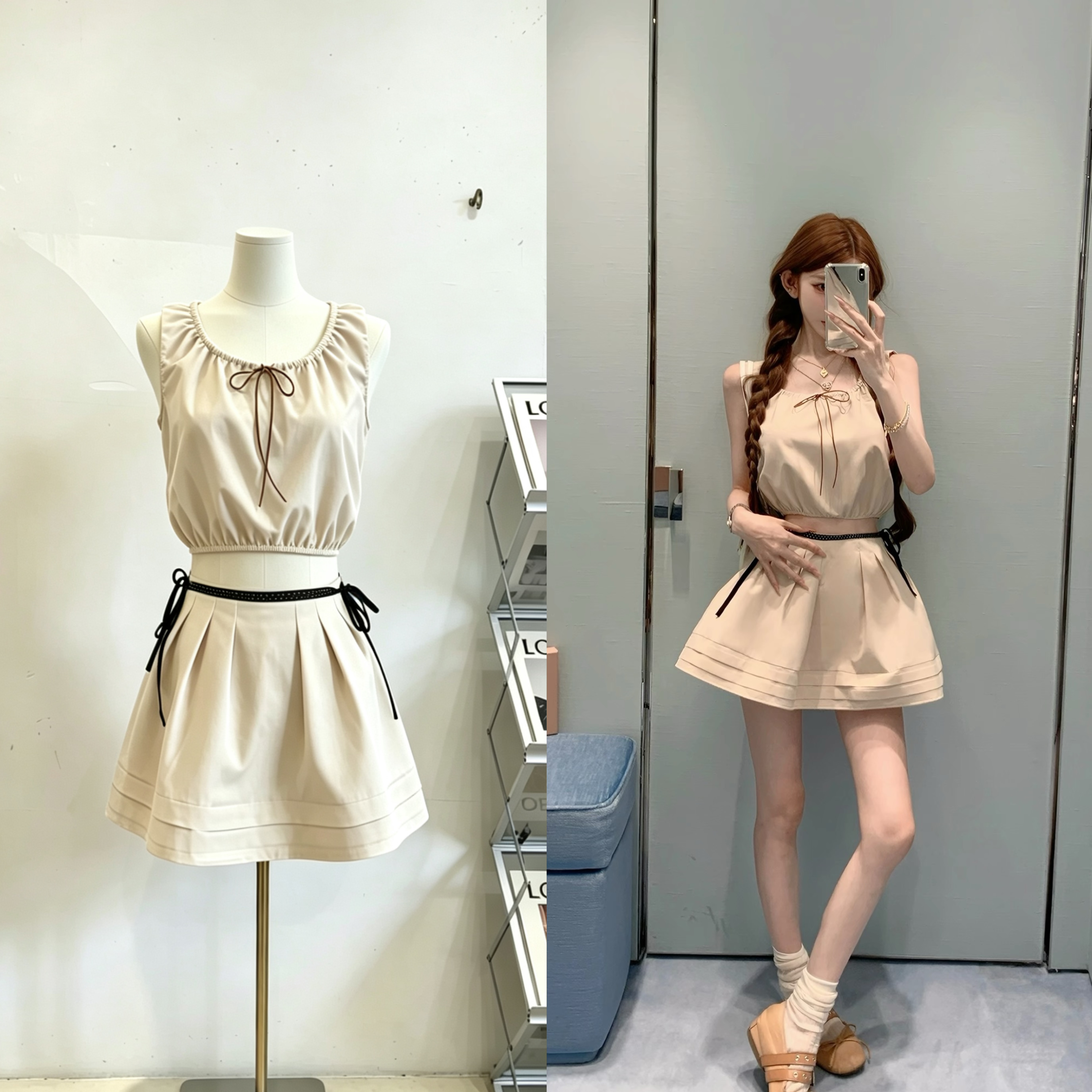 焦糖小圆张元英同款miu系卡其色系带上衣半裙套装  服裝批發女裝批發服飾貨源