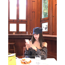 批发左岸咖啡 韩系格子一字肩长袖衬衫女收腰露肩<b class='q'>上衣</b>