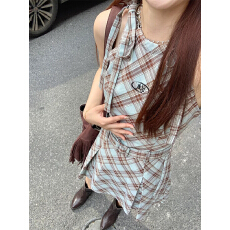 格桑花期原创辣妹格纹挂脖连衣裙蝴蝶结系带无袖吊带裙