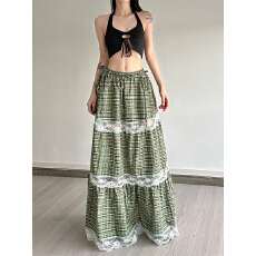 法式气质蕾丝花边拼接格子半身裙松紧高腰显瘦A字中长裙夏