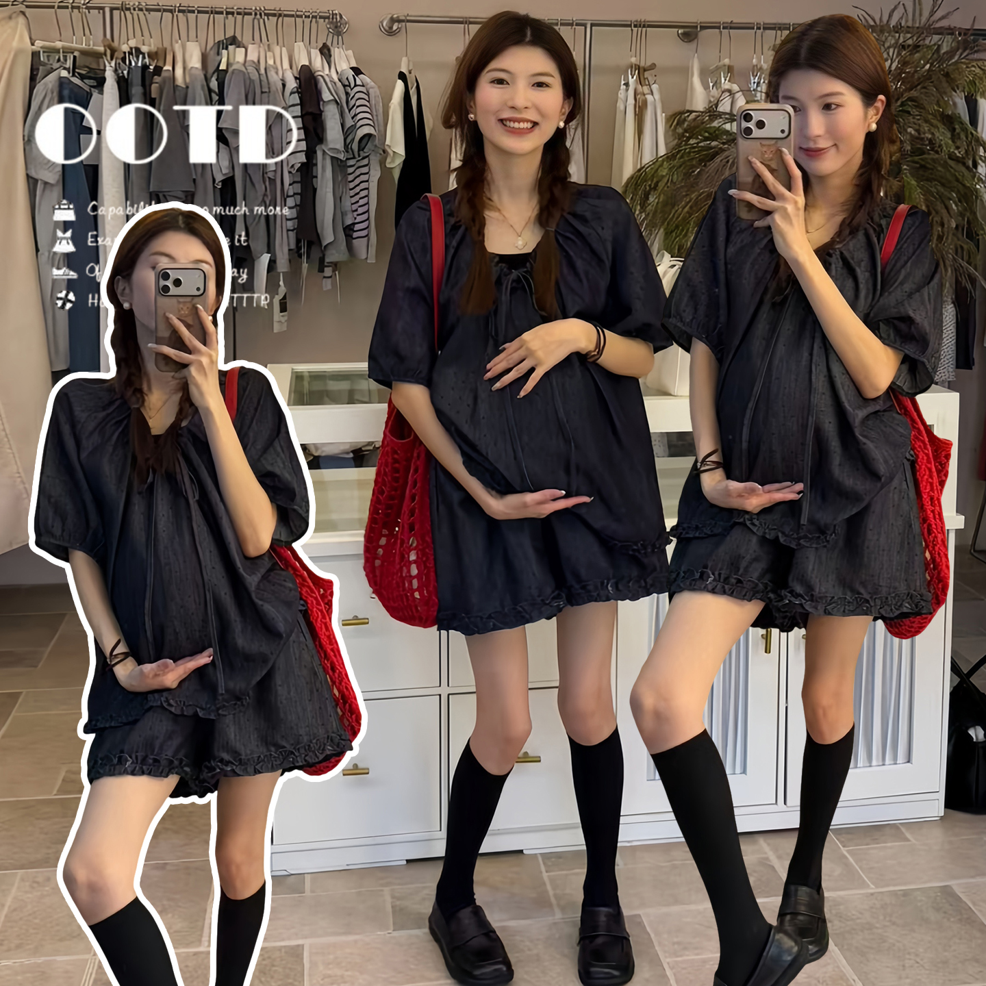 인터넷 유명인 섹션 출산 착용 반바지 세트 2026 여름 새로운 도트 무늬 루즈핏 슬림해 보이는 임신 기간 착용 가져 가라. 투피스 세트