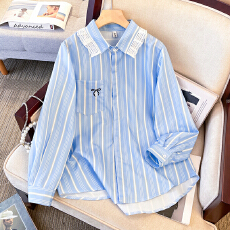 批发实拍大码女装2026胖mm春季条纹花边衬衫领中长款减龄百搭长袖衬衫