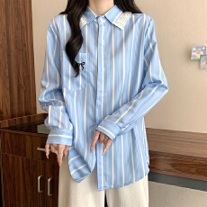 批发实拍大码女装2025胖mm<b class='q'>秋</b>季条纹花边衬衫领中长款减龄百搭长袖衬衫
