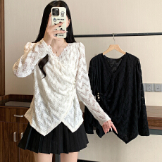 批发实拍大码女装2025胖m秋冬套头单穿打底洋气V领减龄不规则蕾丝上衣