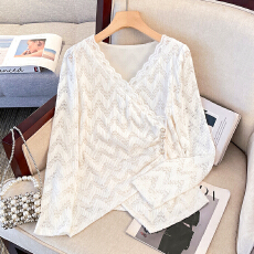 批发实拍大码女装2025胖mm秋冬时尚套头单穿打低V领减龄显瘦蕾丝上衣