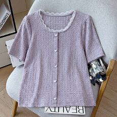 批发实拍<b class='q'>大码</b>女装2026胖mm夏季套头圆领花边拼接减龄时尚百搭短袖上衣