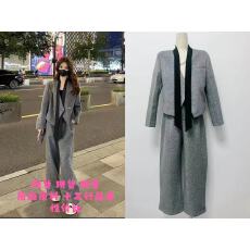 批发Liixu高级感V领飘带毛呢<b class='q'>西装</b>外套女秋休闲直筒裤两件套