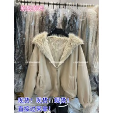 批发2025冬新款韩版时尚百搭宽松显瘦连帽拉链毛毛两面穿外套