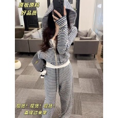 批发OS&oneshow蓝色条纹连帽拉链卫衣套<b class='q'>装</b>女冬季拖地长<b class='q'>裤</b>慵懒三件