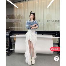批发小雨姐姐【碎星牧歌】毛边牛仔外套女短款宽松复古外搭上衣 半裙