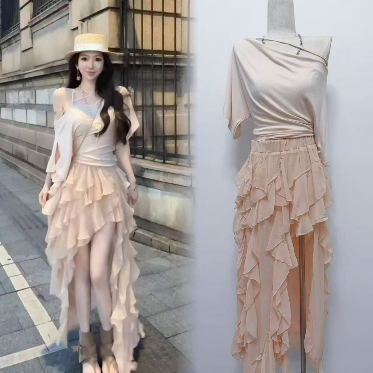 비 자매 흔들다 칼라 비스듬한 어깨 나팔 소매 맨위 여성 뜨개질 몸매 가꾸기 디자인 센스 봄 여름 섹션 반신 스커트