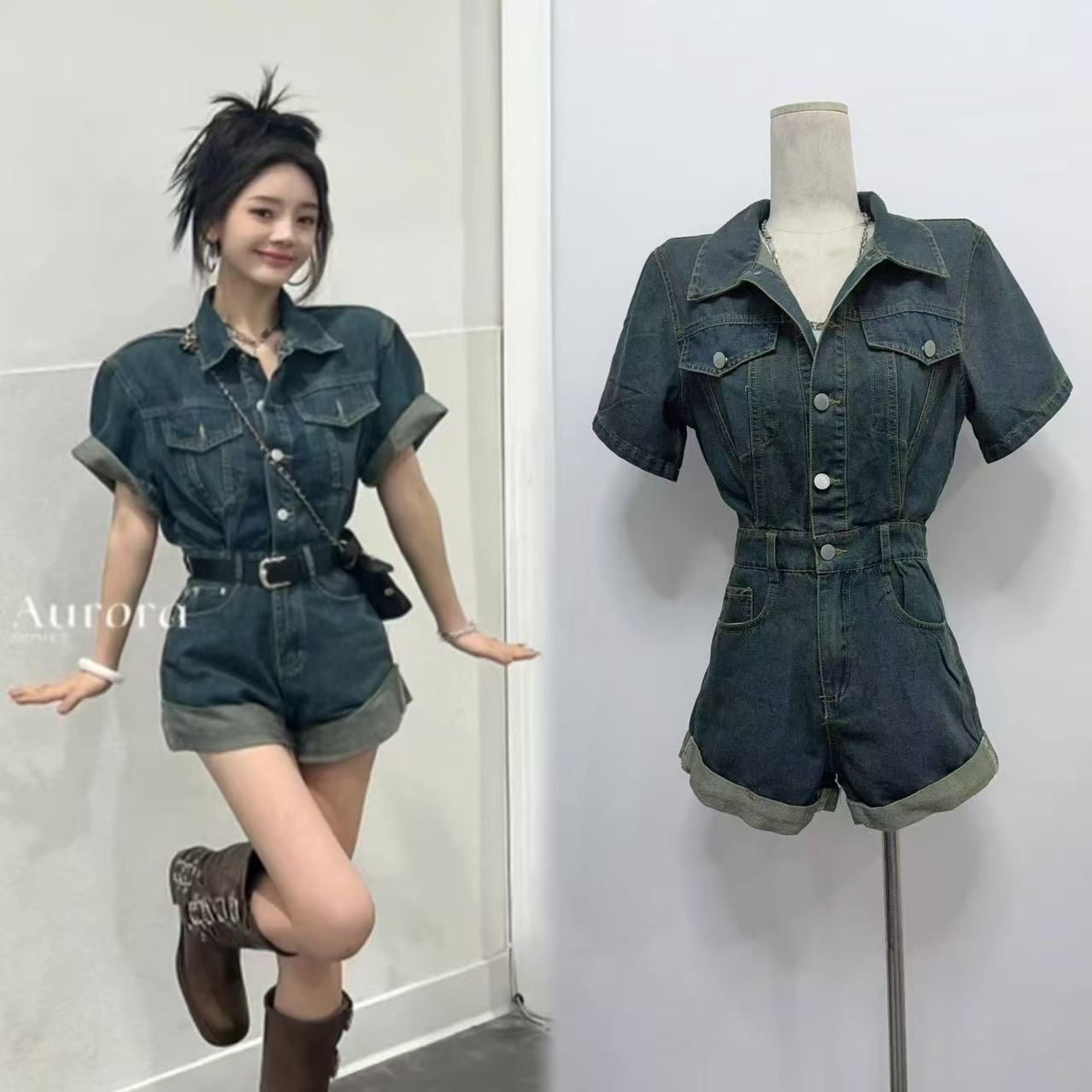 길모퉁이 한 팬 패션 다용도 하이웨이스트 데님 올인원 바지