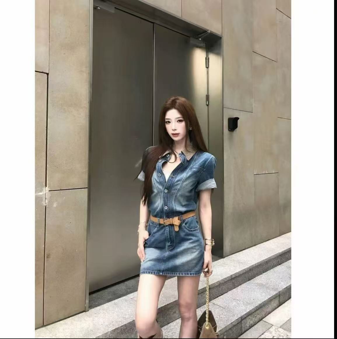 레트로 항구 바람 폴로 칼라 패치워크 데님 스커트 아이들 봄 여름 짜임 칼라 드레스 슬림해 보이는 디자인 센스 패션
