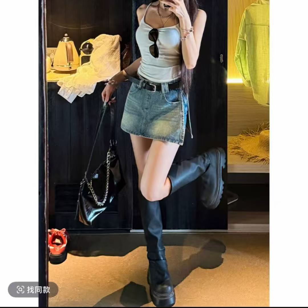 청 작은 밝은 파란색 측면 트임 데님 짧은 바지 여성 2026 여름 새로운 디자인 센스 디스플레이 높음 슬림해 보이는 디스플레이 다리 길이