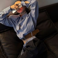 批发韩系早<b class='q'>春</b>穿搭chic高级感独特蓝色条纹衬衫黑色阔腿裤套装女