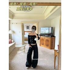 批发板栗可可Bankelili 挚爱Denim！设计感牛仔一字肩上衣/长裤套组女