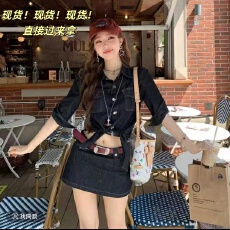 批发【丹宁少女】酷飒甜辣风交叉绑带原牛牛仔衬衫复古半身裙时尚