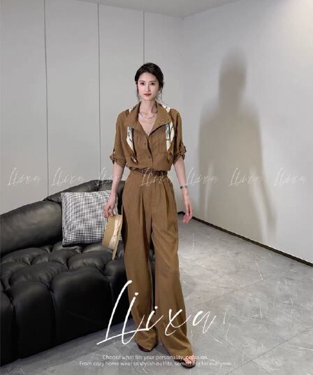 liixu 여름 오래된 돈 바람 캐주얼 품격 세트 캐주얼 셔츠 도루 센스 와이드 레그 팬츠 슬림해 보이는 출퇴근 전체 집합