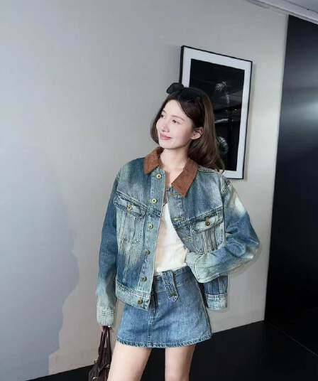 aassss 작은 대중 디자인 센스 레트로 카우보이 바깥 세트 여성 패치워크 코듀로이 칼라 워싱 블루 세트