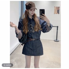 批发【 棋盘格vintage 】 袖子拼格子<b class='q'>牛仔</b><b class='q'>衬衫</b>➕裙子套装