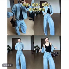 批发【蓝调漫游者】设计感复古水洗浅色拉链牛仔外套+不规则皮帘裤