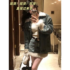 批发大Eees 西野暮色 复古羊羔毛翻领加绒牛仔外套+短款半身裙套装