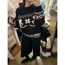 批发Chic复古北欧风提花圆领宽松羊毛滑雪针织衫毛衣