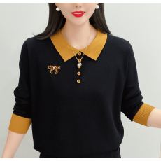 批发撞色翻领套头针织衫中年<b class='q'>妈妈</b>装2025秋冬休闲打底小衫气质刺绣上衣