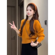 批发慵懒风圆领简约纯色毛衣女宽松2025秋冬韩版休闲百搭套头针织上衣