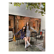 批发区区欧阳<b class='q'>条纹</b>针织连衣裙女秋季新款长袖收腰修身显瘦辣妹包臀短裙