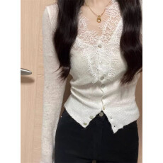 批发法式高级感v领蕾丝内搭针织打底毛衣开衫2024新款秋冬修身上衣女