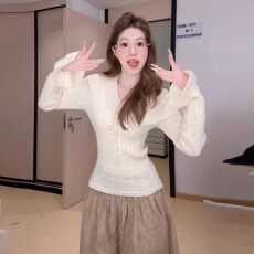 批发法式甜美风系带V领毛衣女2025秋冬内搭针织<b class='q'>打底衫</b>修身上衣