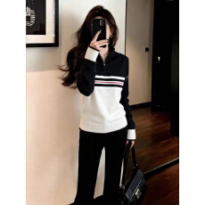 批发韩版日常通勤百搭时尚<b class='q'>气质</b>宽松显瘦黑白上衣女2025冬半拉链针织衫