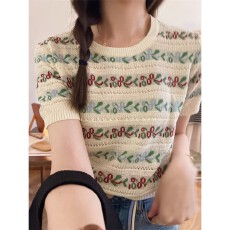 批发法式温柔风夏季薄款镂空针织上衣女休闲圆领修身显瘦短袖