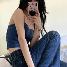 批发牛仔吊带带胸垫背心女修身新款性感气质打底裹胸抹胸美背无袖上衣