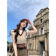 批发2026夏季新款韩版设计感学院风V领撞色边针织背心马甲