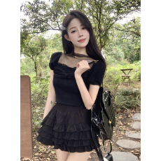 批发泡泡袖网纱T恤女装设计感小众蝴蝶结方领甜辣妹气质短款上衣 夏季