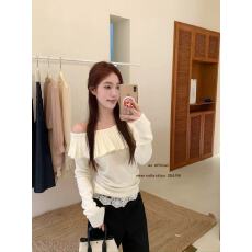 批发韩系简约百搭一字肩荷叶边长袖针织衫女秋<b class='q'>冬</b>新款修身显瘦打底上衣