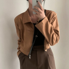 批发韩系简约百搭皮绒外套女秋新款短上衣设计感小众夹克