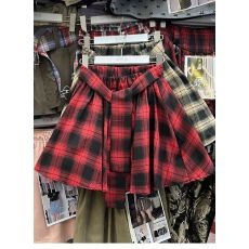 设计感格子半身裙短裙女高腰百搭A字裙系腰