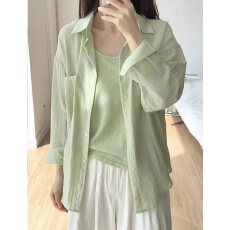 批发韩版法式蓝色薄款防晒衣长袖<b class='q'>衬衣</b>女夏装宽松休闲慵懒长袖