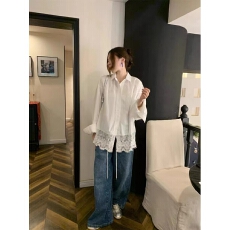 批发韩系拼接蕾丝<b class='q'>白色</b>长袖<b class='q'>衬衫</b>女早秋气质高级感宽松<b class='q'>衬衣</b>别致洋气上衣