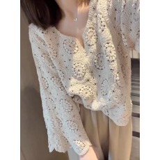 批发镂空针织衫女春秋装2026年新款时尚宽松慵懒风钩花上衣套头罩衫女