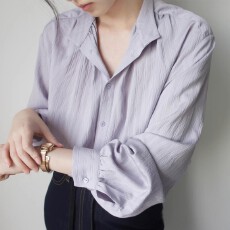 批发温柔复古柔雾紫压褶暗条纹立领长袖<b class='q'>衬衫</b>女秋新款时髦洋气别致<b class='q'>衬衣</b>