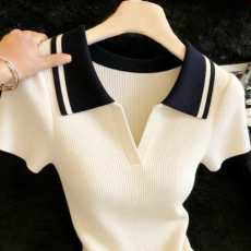 批发polo衫<b class='q'>翻领</b>冰丝短袖针织衫女薄款洋气<b class='q'>T</b><b class='q'>恤</b>宽松减龄撞色上衣
