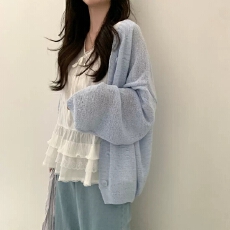 韩国chic慵懒宽松薄外套新款长袖防晒针织开衫上衣女